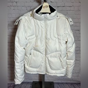 Cream white puffer coat with faux fur lined hood. Size Med. Super cute & cozy.